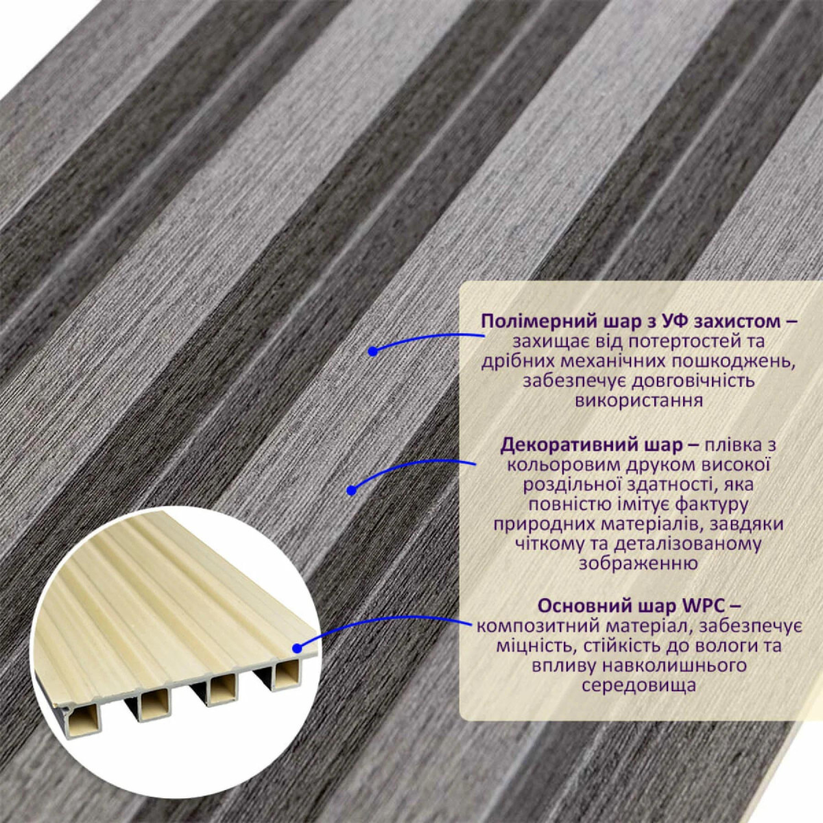 Рейка декоративна WPC стінова 3000x160x23мм Олов'яний SW-00001530