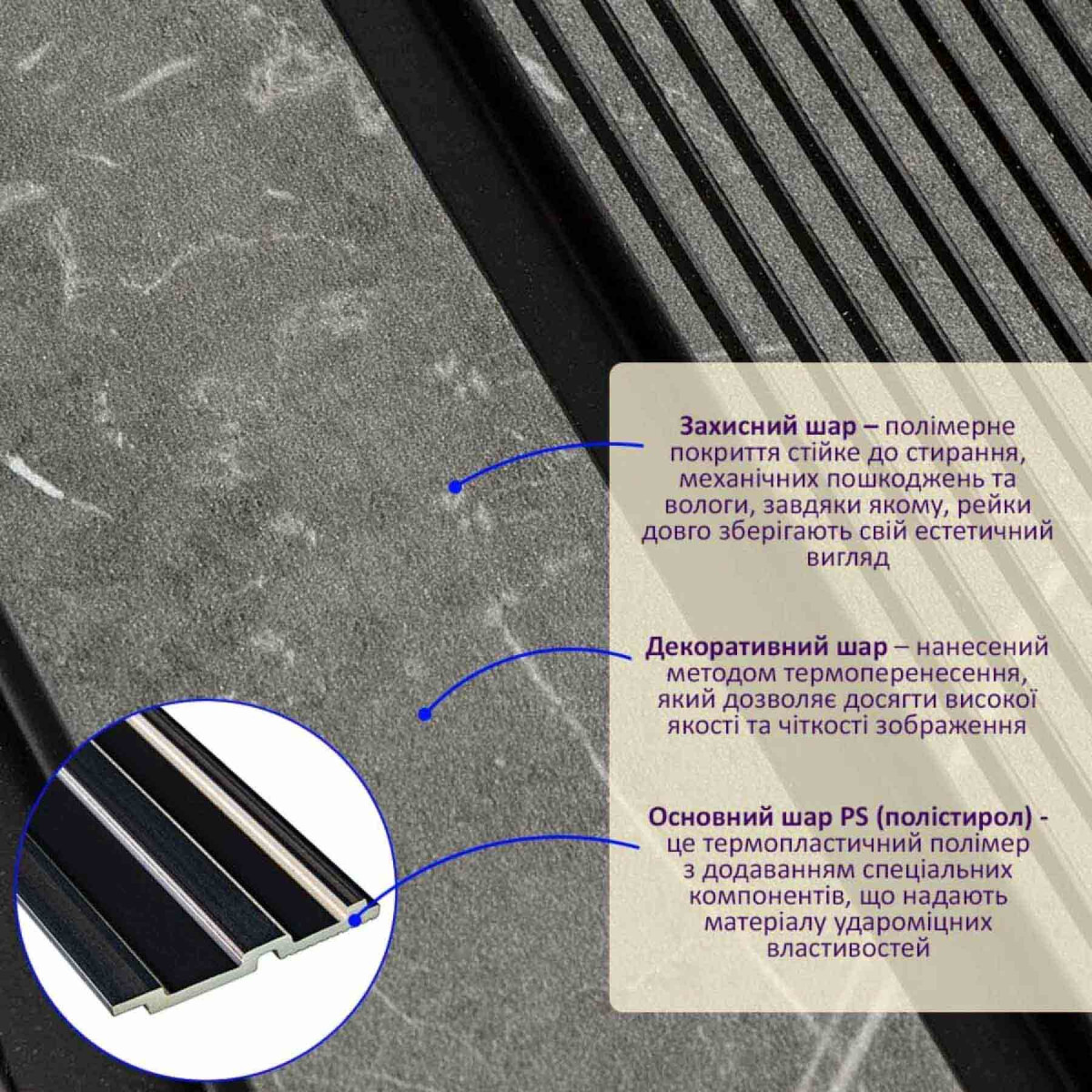 Декоративна рейка для стін PS 2900х120х12мм Сірий мармур SW-00001751