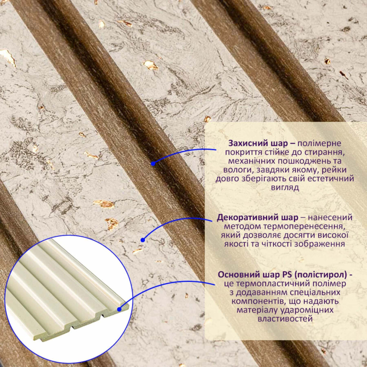 Рейка декоративна PS 2900x120x12мм Бежевий меланж із золотими вкрапленнями (D) SW-00001742