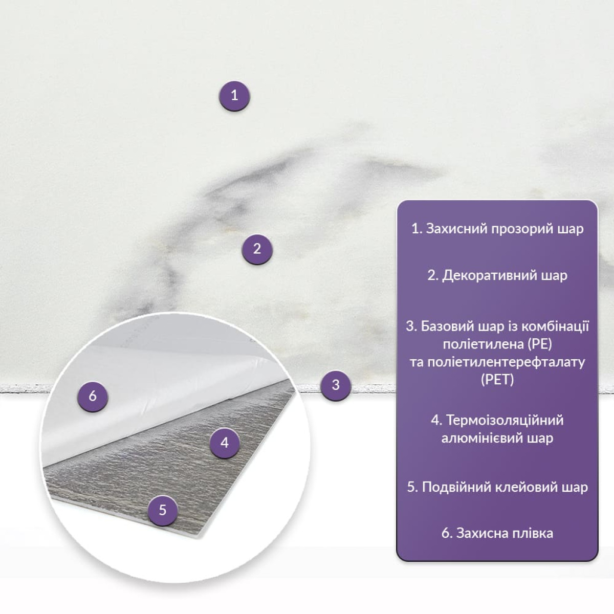 Самоклеюча стінова PET плитка в рулоні 600x3000x2 мм Мармур Лайт SW-00001703