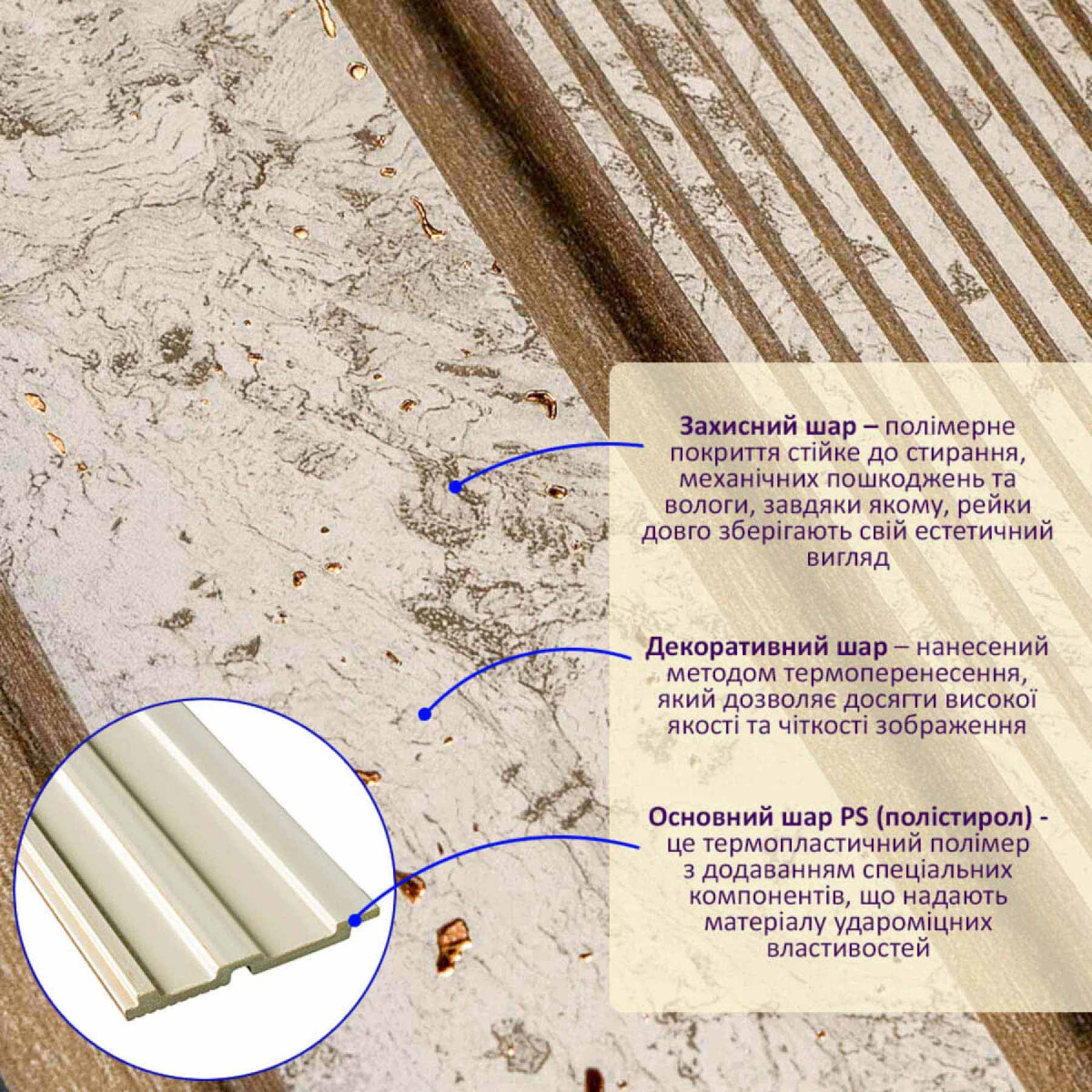 Стінова рейка декоративна PS 2900х120х12мм Кремовий мармур із золотими вкрапленнями SW-00001748