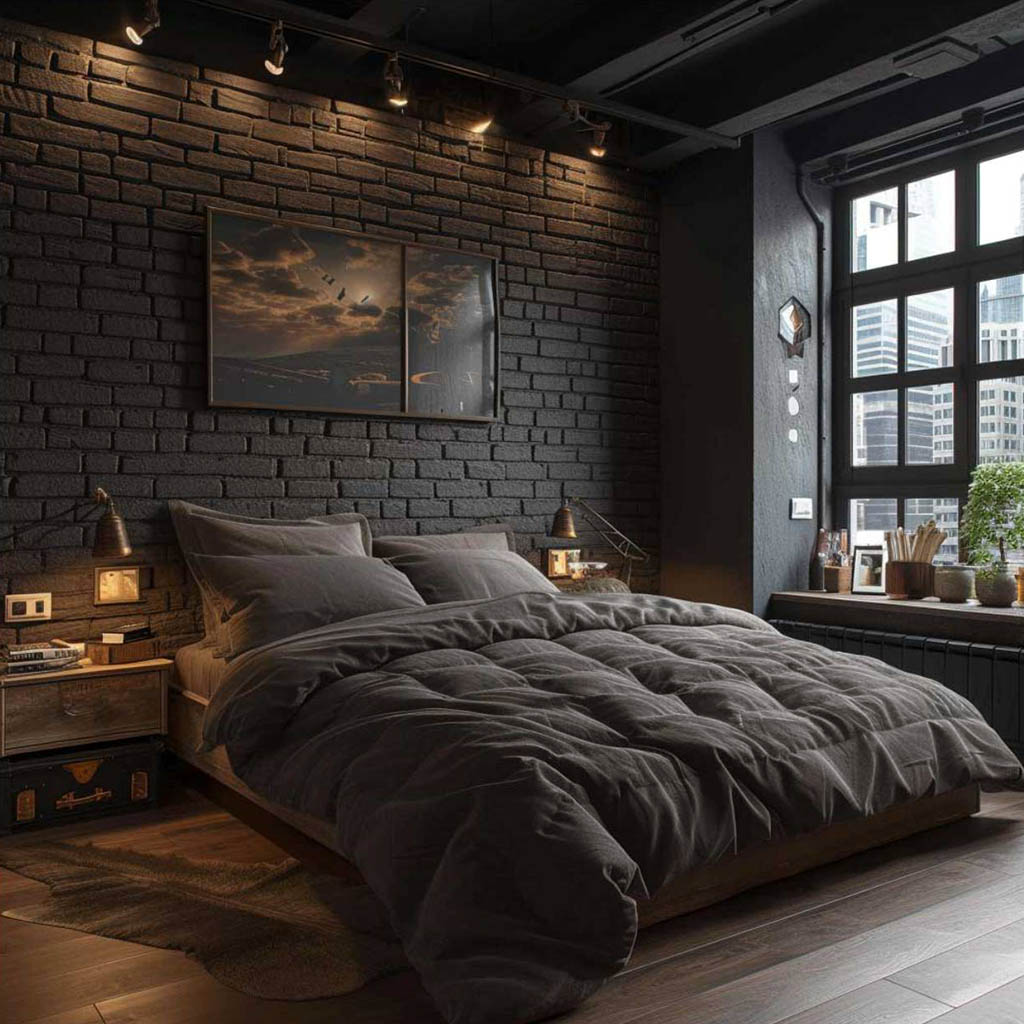 Графітова цегла в спальні
