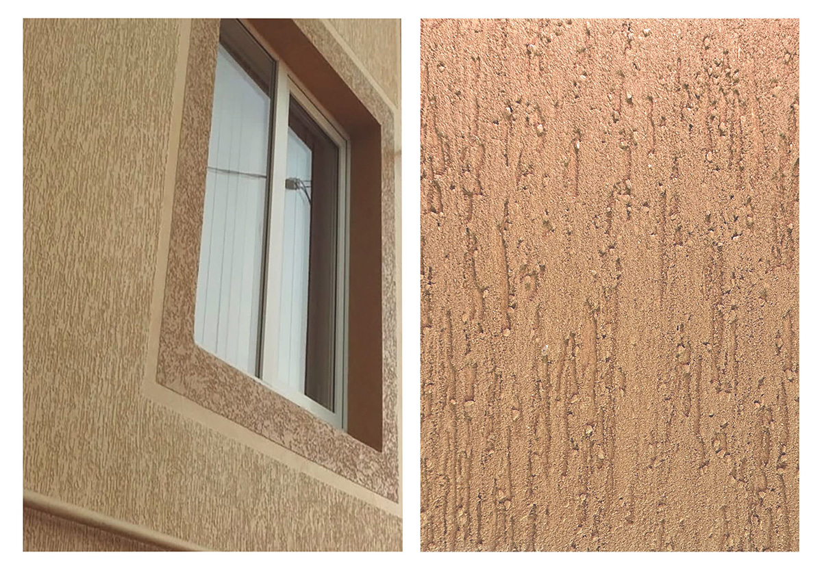 Фактури та кольори фасадної штукатурки на стіні будинку