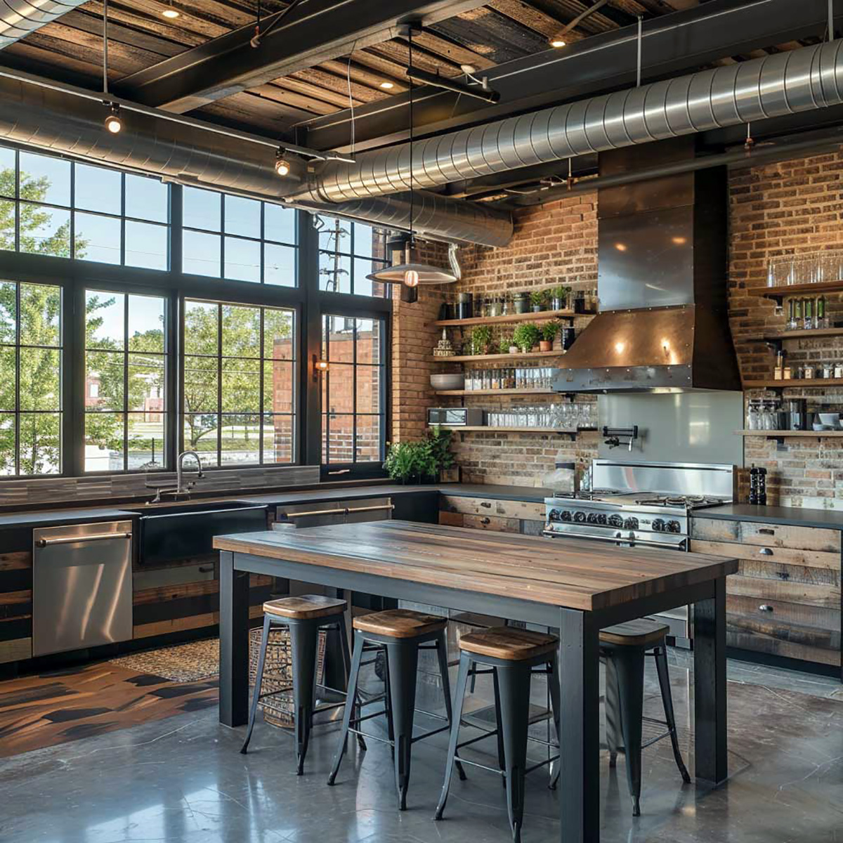 Кухня в стилі Лофт з цегляною стіною